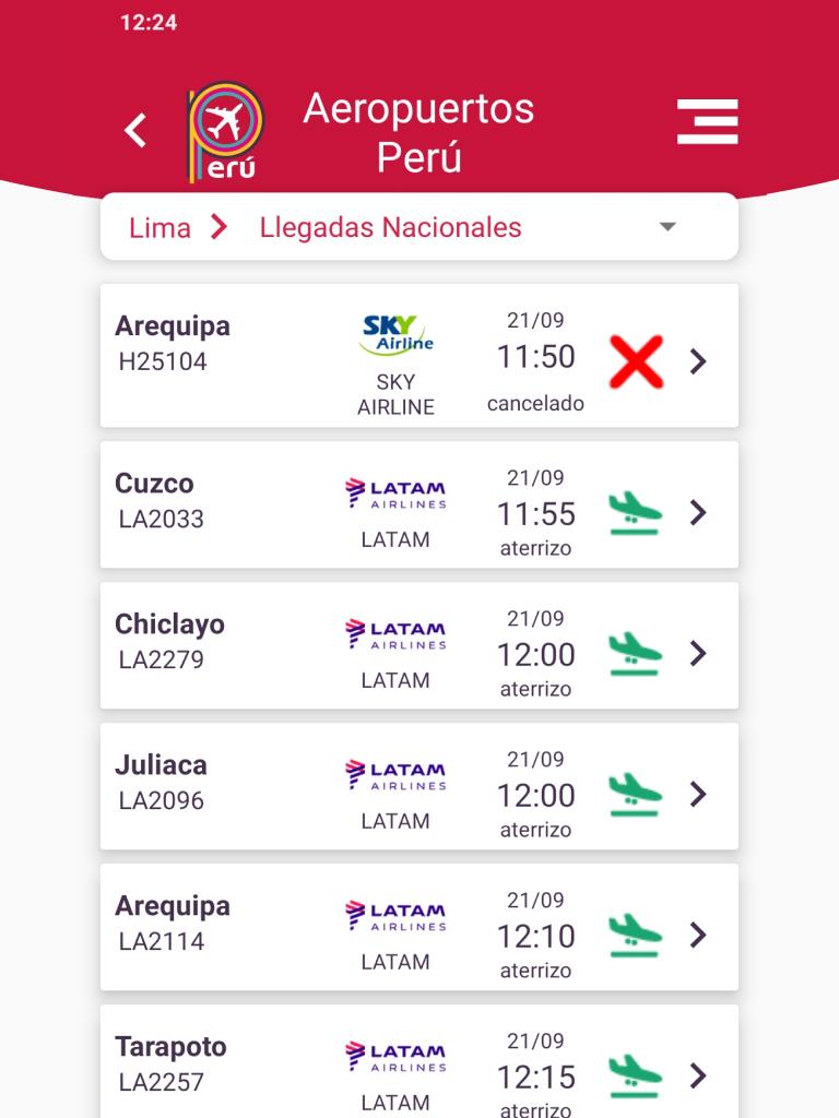 Aeropuertos Perú App en Tablet